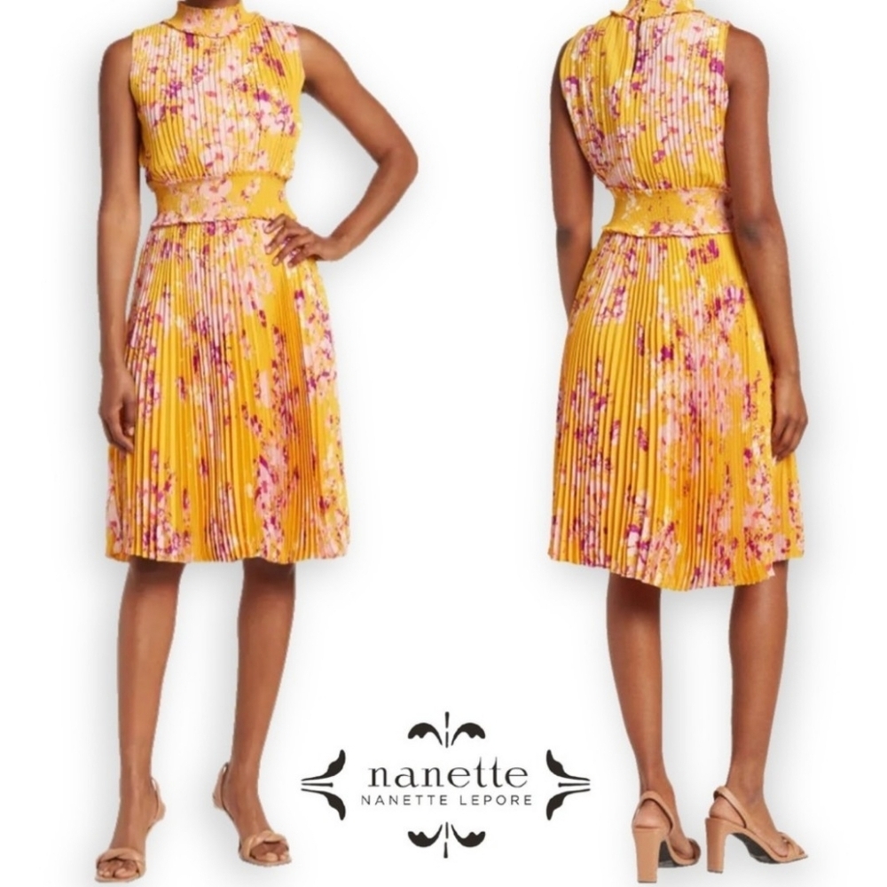 Nanette Lepore Pleated Floral Dress Yellow Pink Smocked Waist Midi Sze 14 Spring